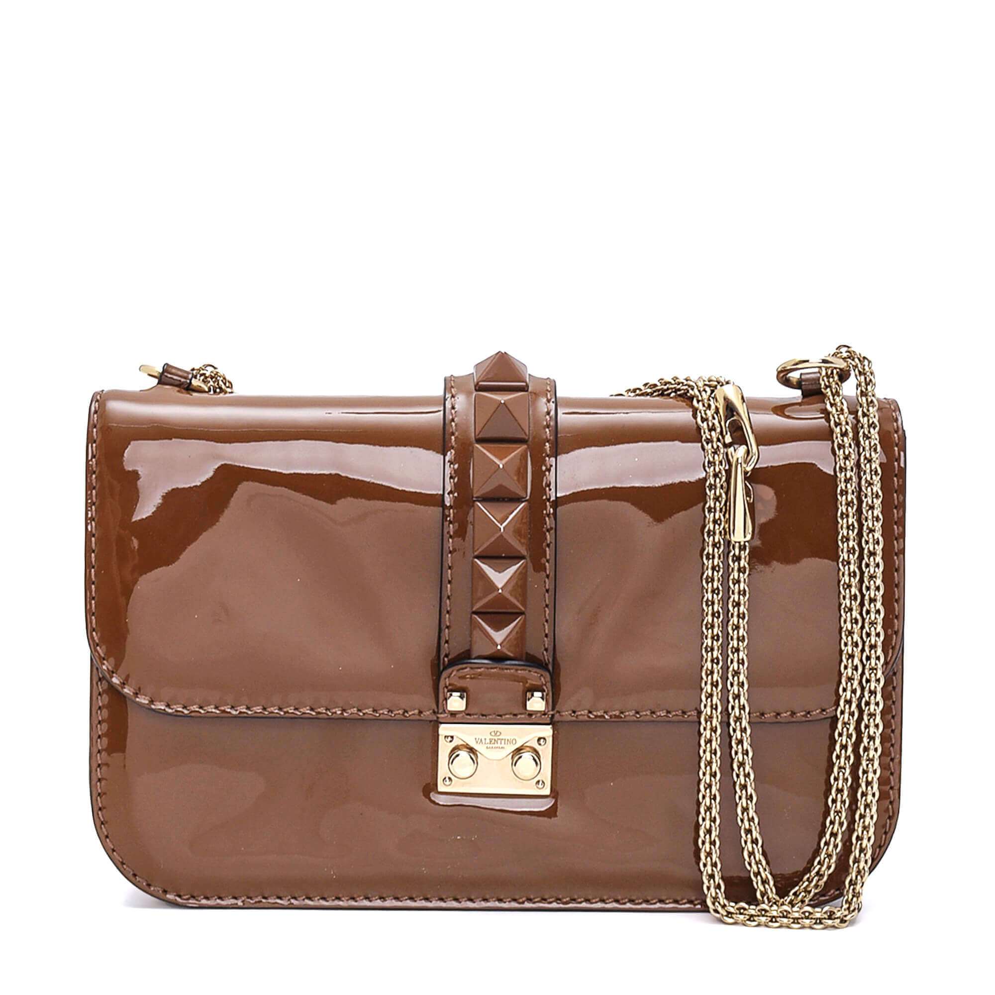 Valentino - Brown Leather Rockstud Glam Lock Flap Bag